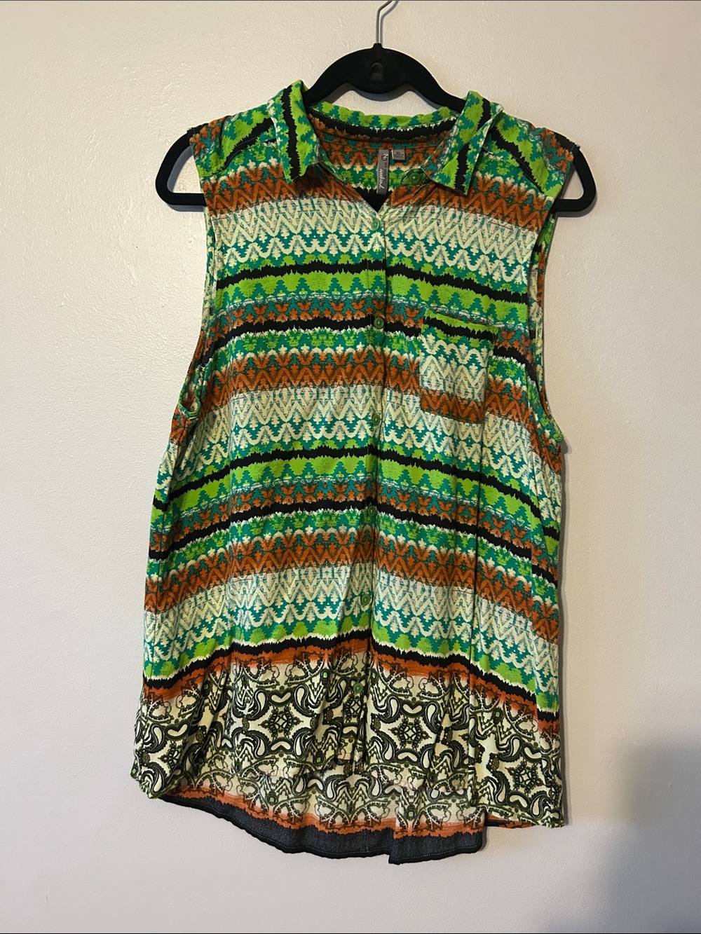 new directions Green and Brown Sleeveless Printed Collared Top